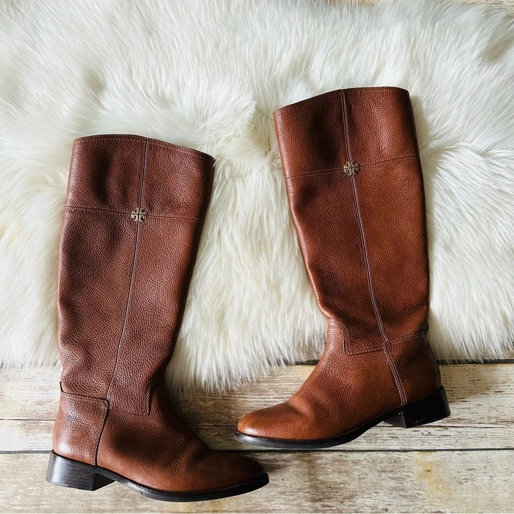 Tory Burch Jolie Pebble Leather Brown Riding Boots 8.5